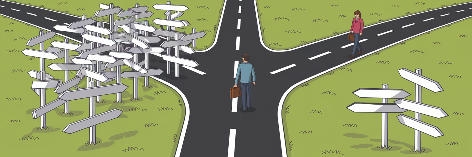 Organized path versus chaotic tangled signposts.