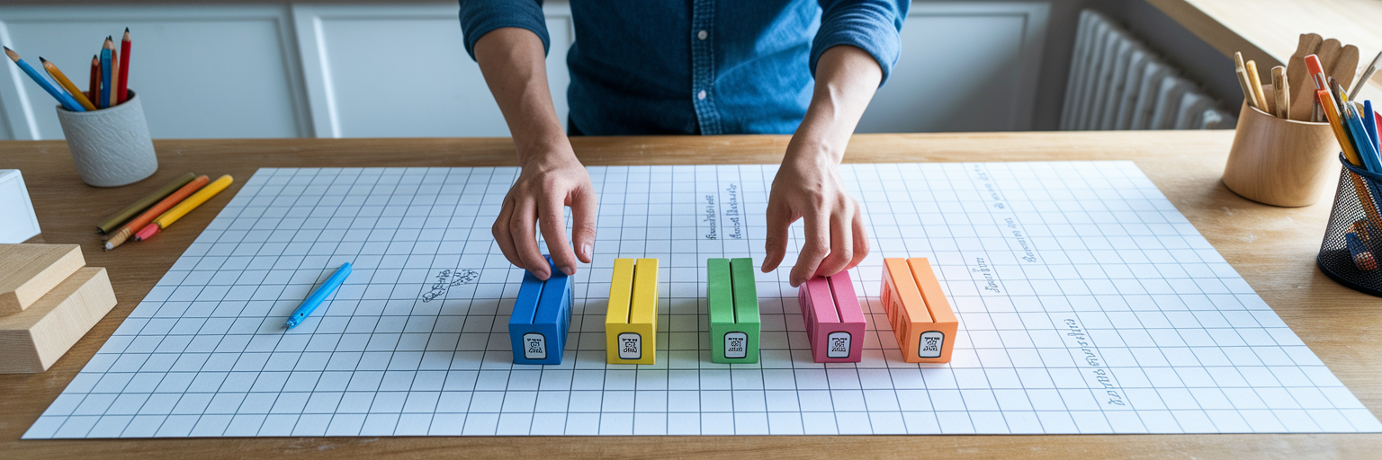 Person organizing blocks into labeled boxes.