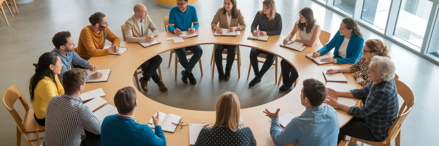 Diverse group collaborating at round table.