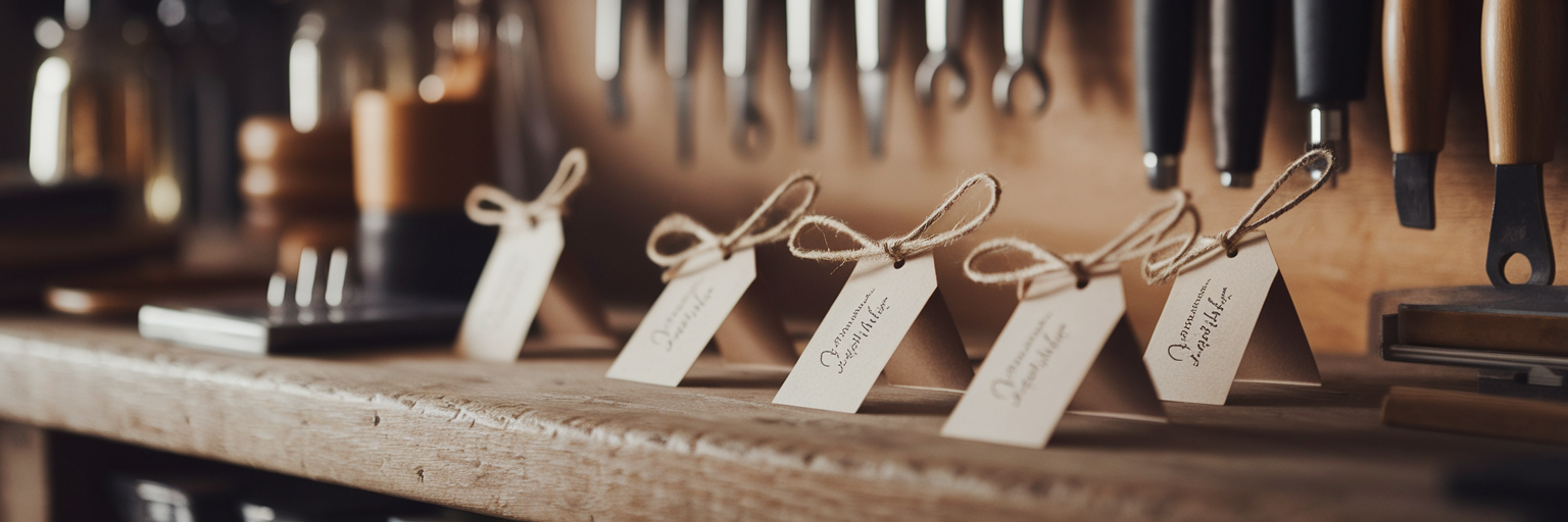 Handcrafted items with price tags on a workbench.