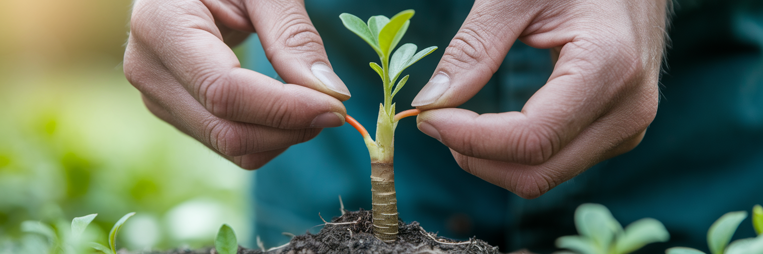 Hands grafting a branch onto tree.