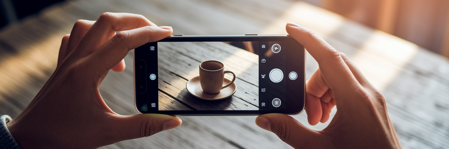 Hands holding smartphone taking product photo.