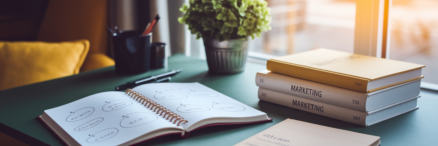 Home office desk with books and notebook.