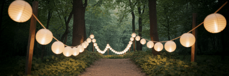 Illuminated path with paper lanterns in a forest.