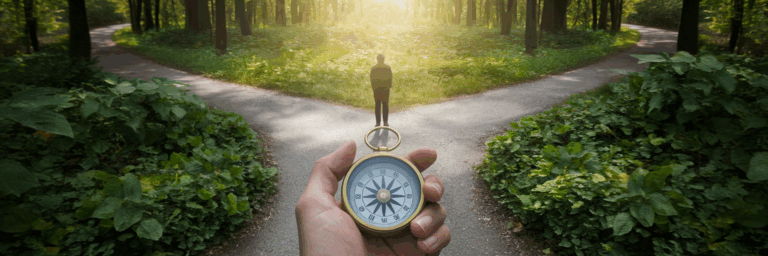 Person at a crossroads holding a compass.