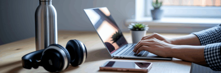 Person typing on laptop with products on desk.