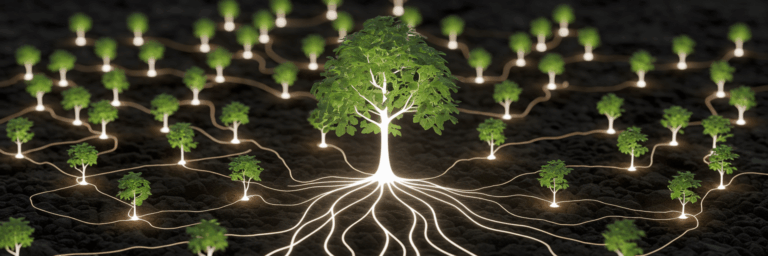 Glowing sapling with interconnected roots.