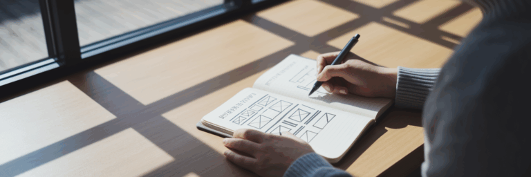 Person sketching website layout in notebook.