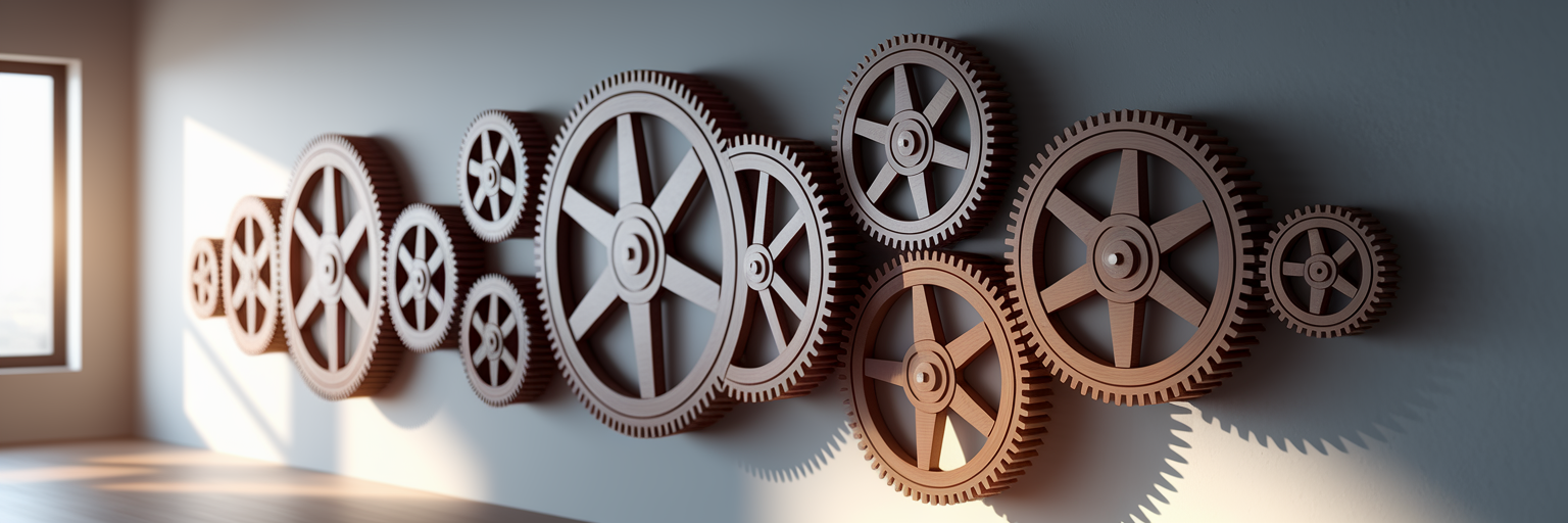 Wooden gears on a wall symbolizing how the best affiliate marketing software simplifies your workflow