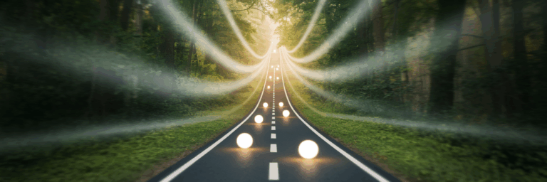 Glowing orbs of light moving along forest path.