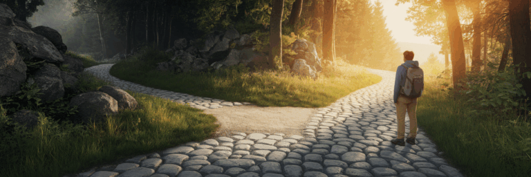 Person choosing a clear path at a crossroads.