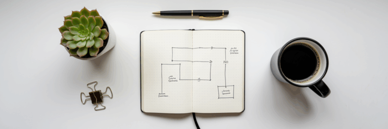 Minimalist desk with notebook and coffee.