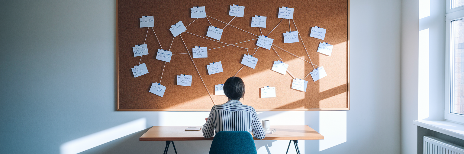 Person brainstorming keyword ideas on corkboard.
