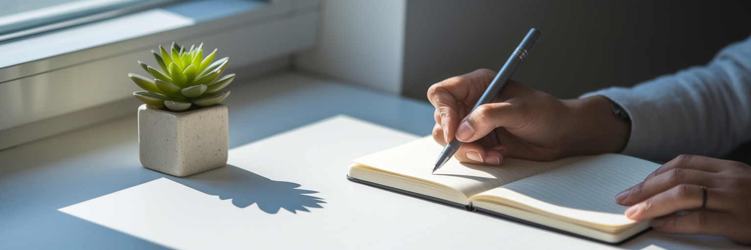 Person writing in notebook at clean desk.
