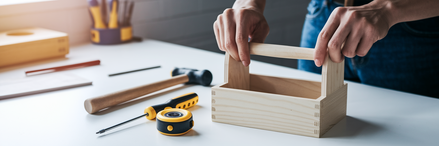 A simple wooden toolkit with essential tools.