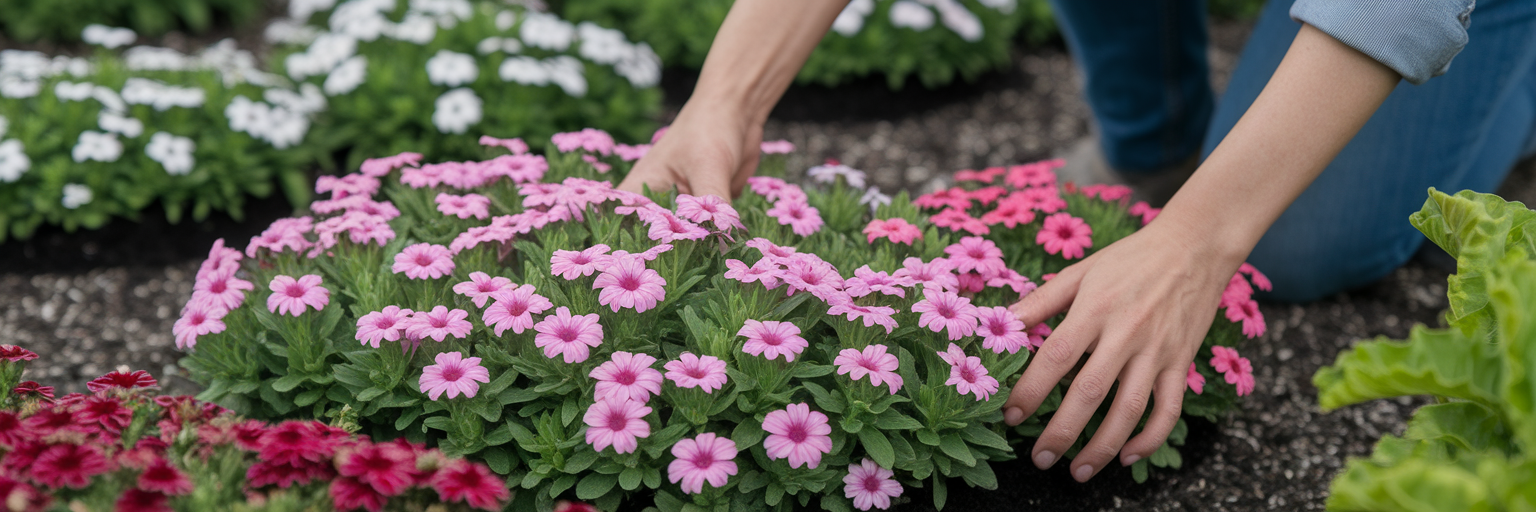 Gardener tending to vibrant, thriving plants.
