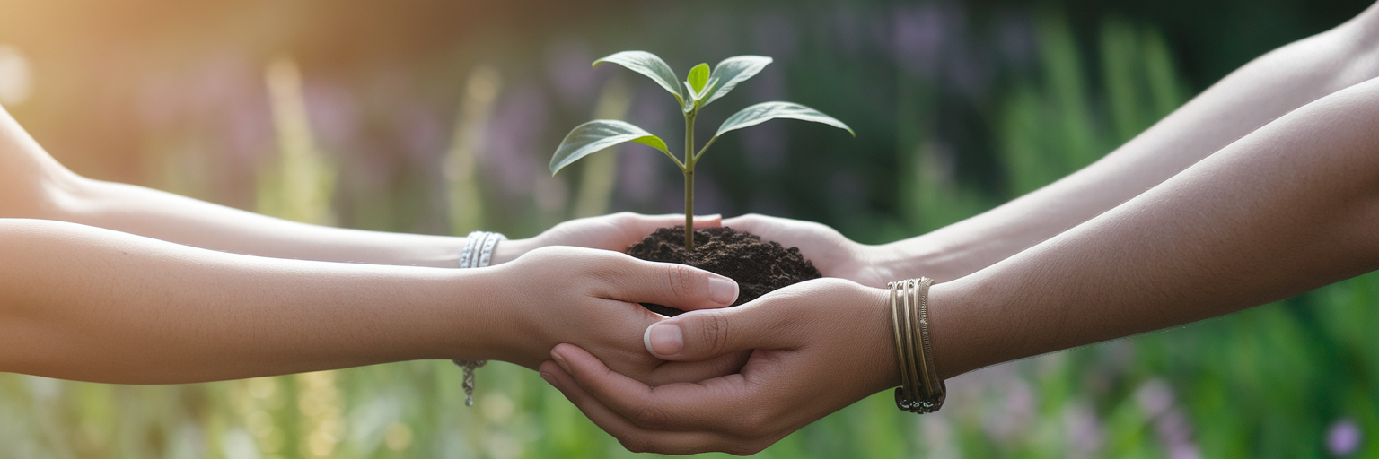 Hands exchanging a small sapling in a garden.