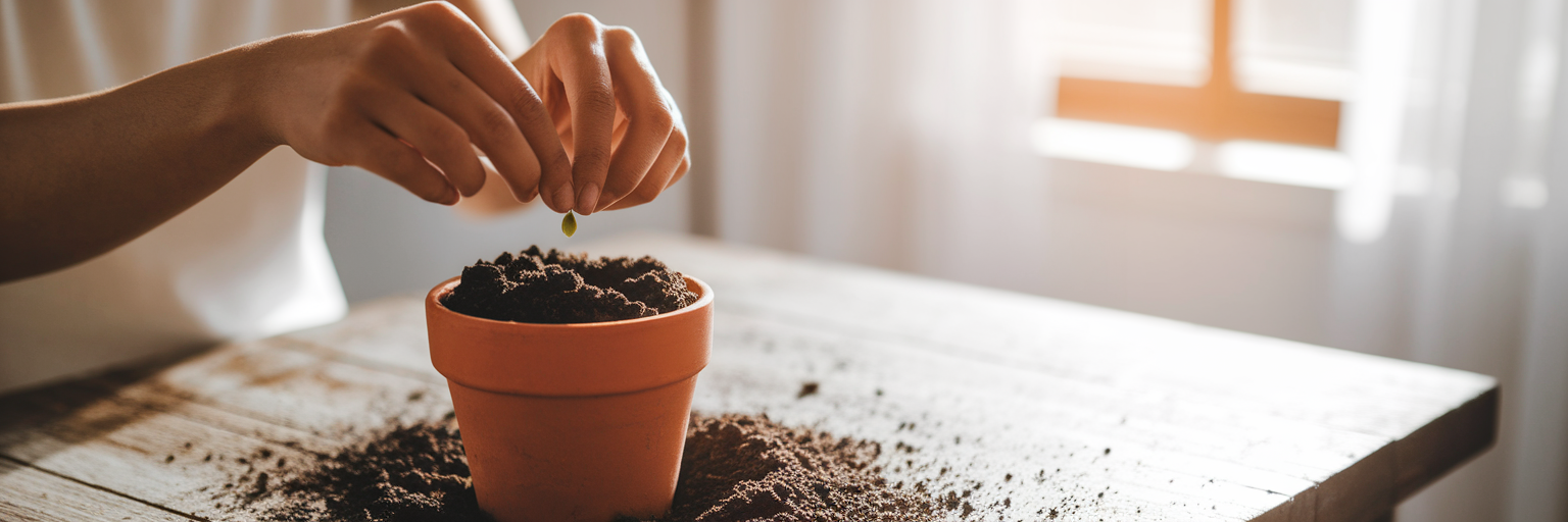 Hands planting a seed in a pot like affiliate marketing step by step guide for beginners