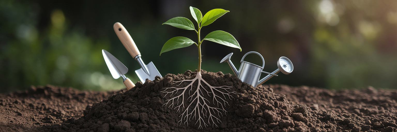 Sapling growing with foundational tools.