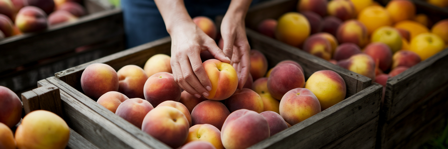 Hands carefully selecting a ripe peach from a crate at a market, representing choosing the best affiliate products