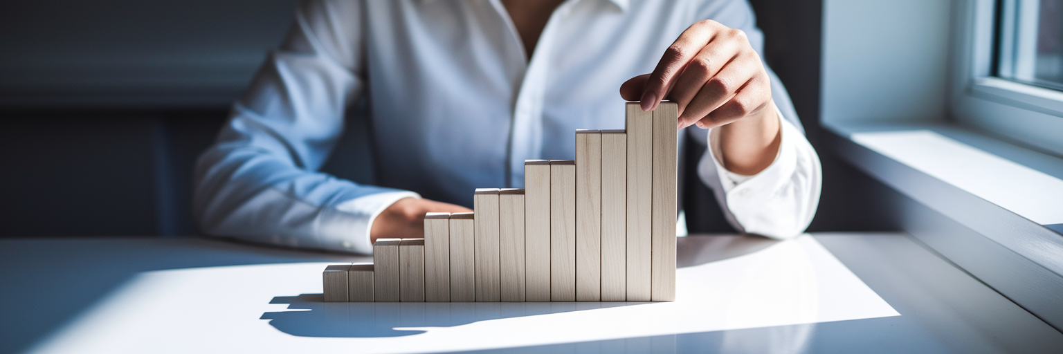 Affiliate marketer analyzing performance metrics using a rising bar chart to track affiliate marketing growth and conversions