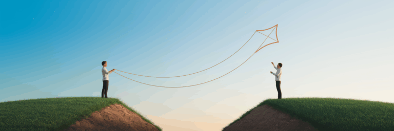 Two people stand on separate hills flying a kite together, representing influencer partnerships driving affiliate marketing traffic