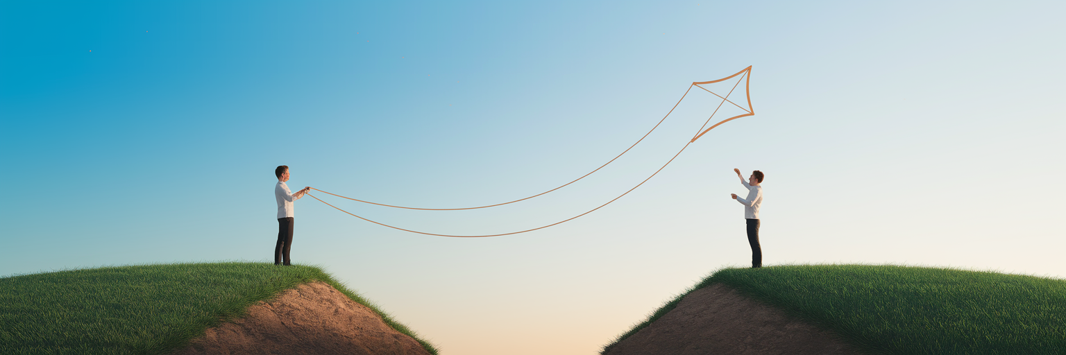 Two people stand on separate hills flying a kite together, representing influencer partnerships driving affiliate marketing traffic