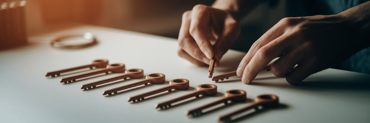 Person organizing unique wooden keys on a table.