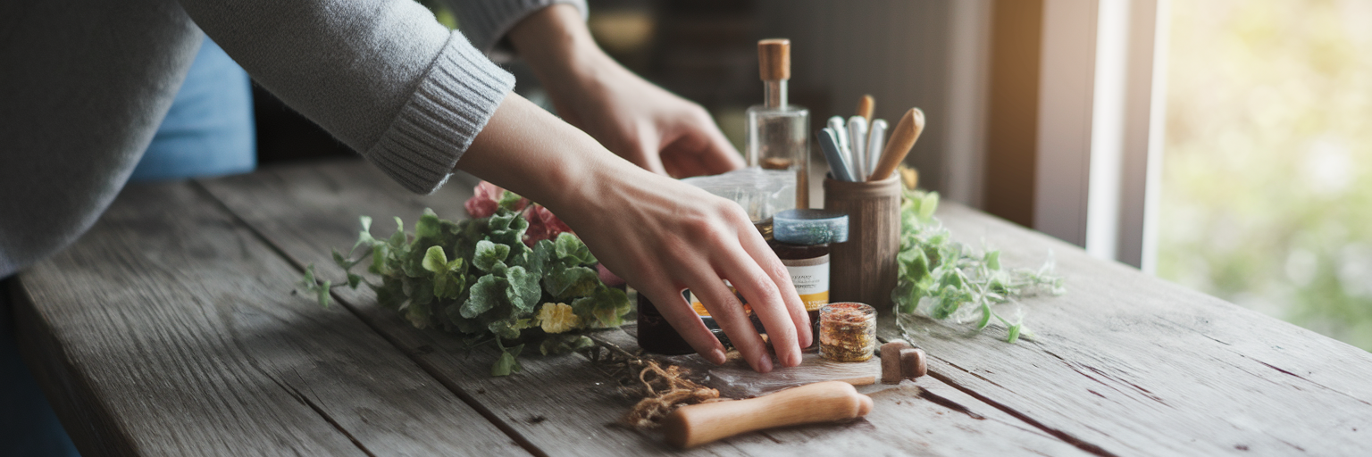 Hands arranging items for a flat lay photo.