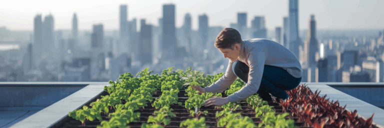 Person tending plants in a rooftop garden with a city skyline in the background, representing growth and long term organic strategy