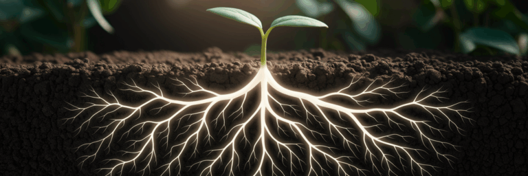 Seedling with deep roots symbolizing building long term organic traffic