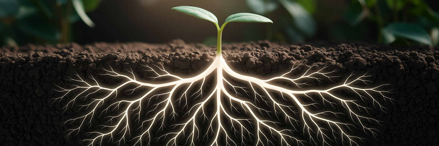 Seedling with deep roots symbolizing building long term organic traffic