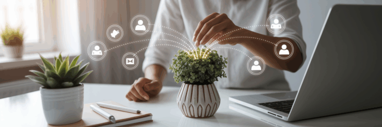 Person nurturing plant with digital connections