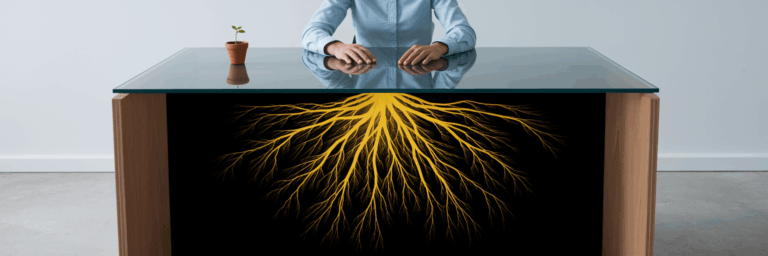 Affiliate marketing strategies concept showing a small plant above the desk and strong roots growing underneath