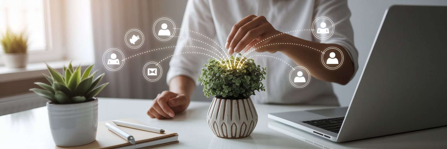 Person nurturing plant with digital connections