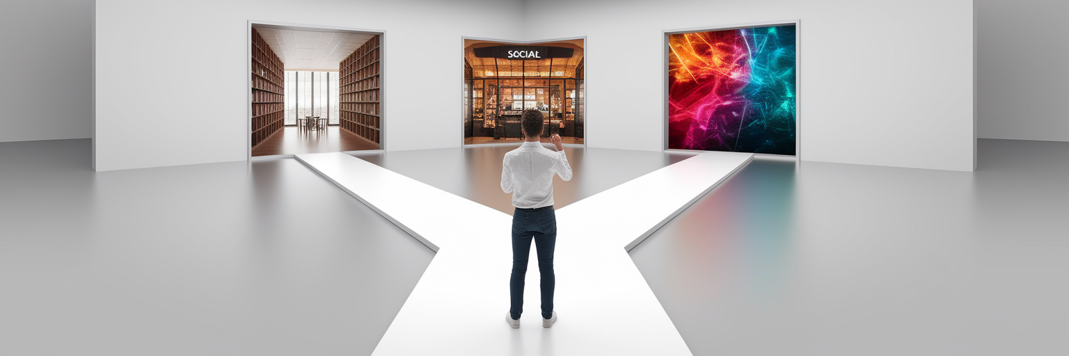 Person choosing between different ad platform paths.